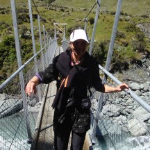 Crossing the swing bridge over the Matukituki River.